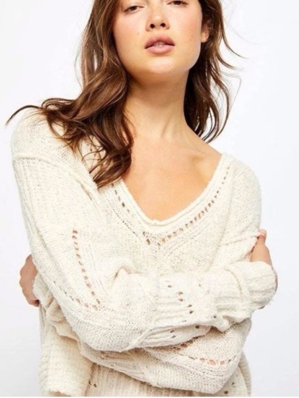 Free People Size X-Large Ivory Seashell Distressed Sweater Boho Beach V-Neck